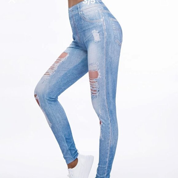 COPY - WOMENS FAUX DENIM HIGH WAIST LEGGINS SIZE L 8/10 NEW - Picture 1 of 7